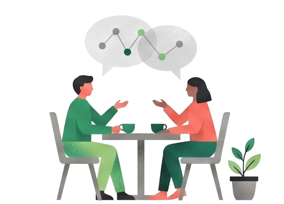 Two people talking over coffee at a small table, their conversation drawn as a gentle line chart in speech bubbles.