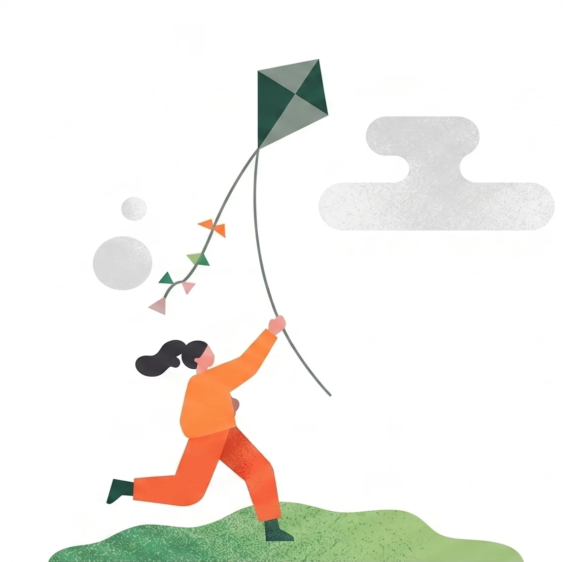 A person running along a green hilltop flying a kite with a colourful tail.