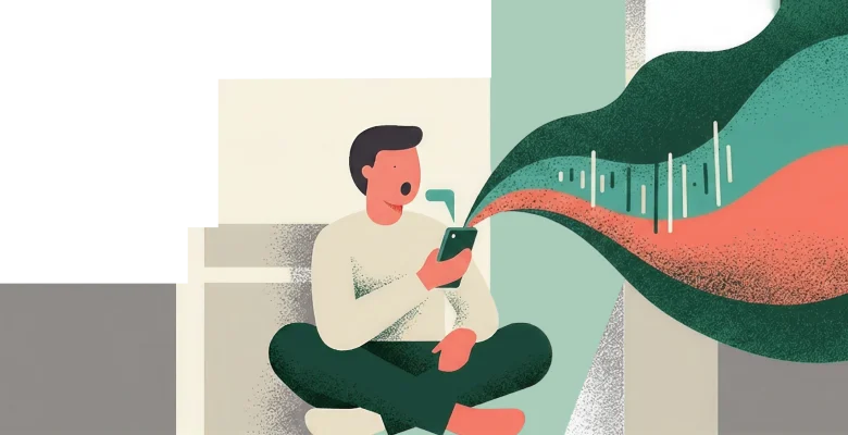 A person sitting with their phone as a warm ribbon of sound flows out of it.