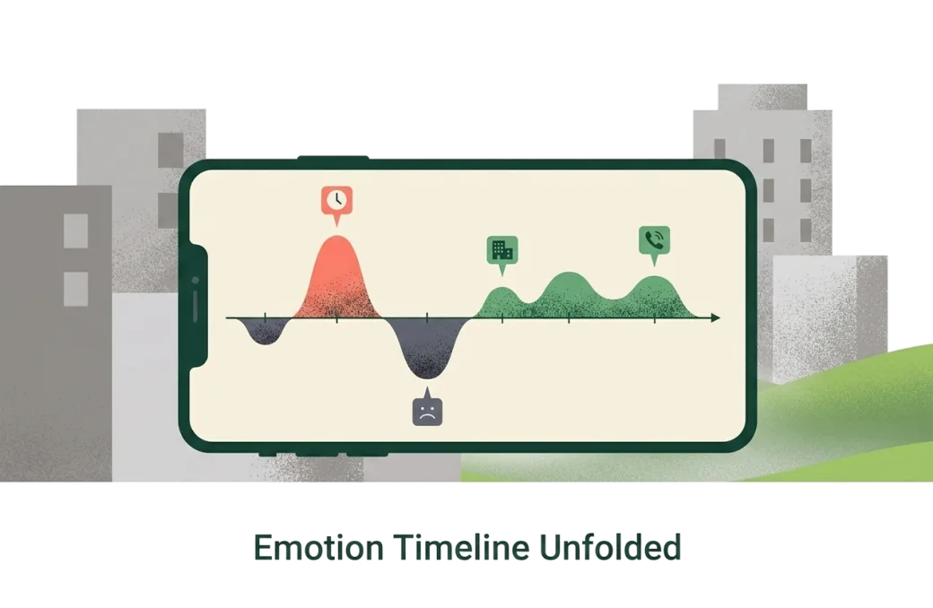 A phone showing your day's emotional highs and lows along a timeline, with markers for what happened.